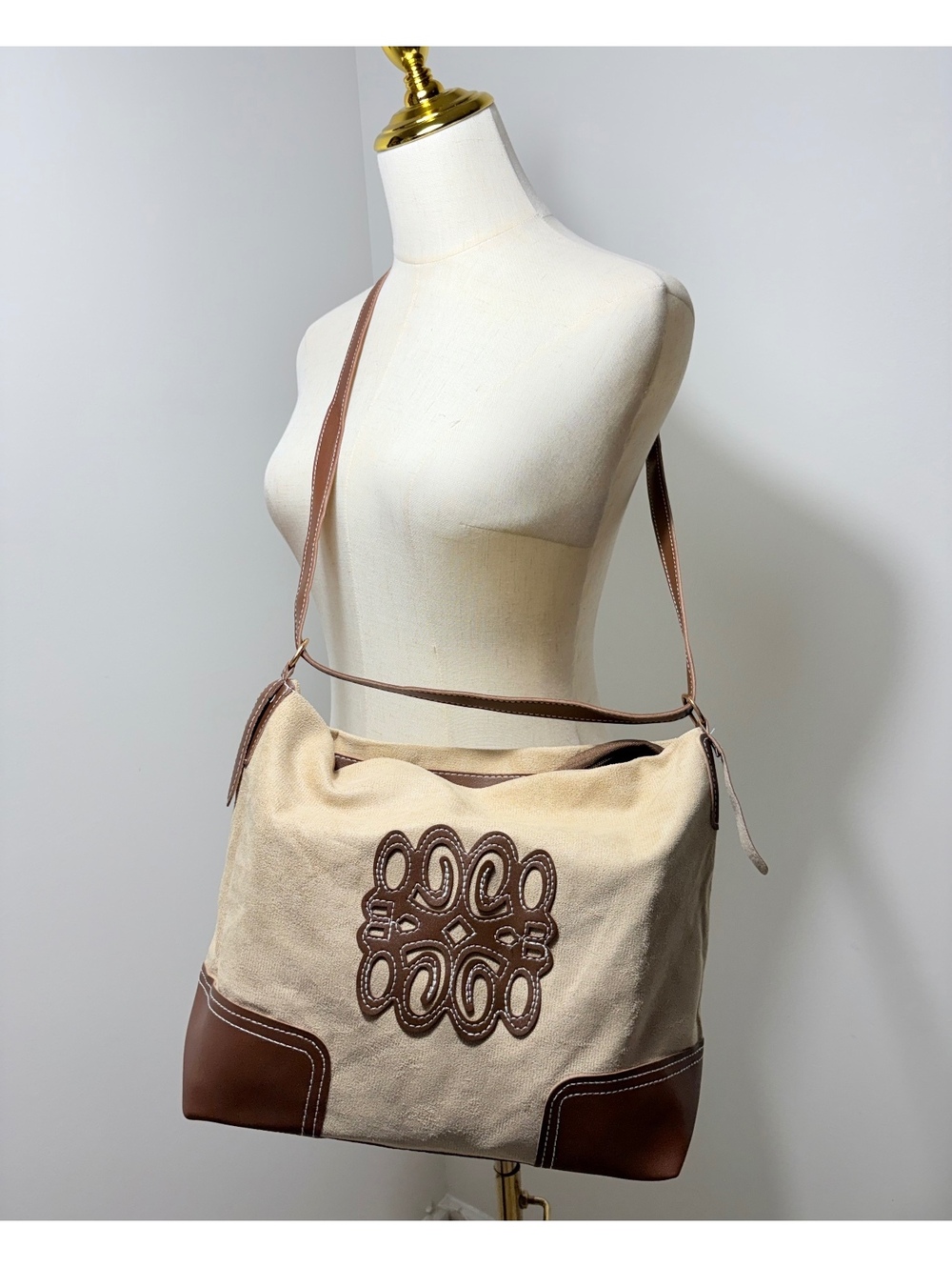 Beige Suede and Brown Vegan Leather Applique Women's Shoulder Bag